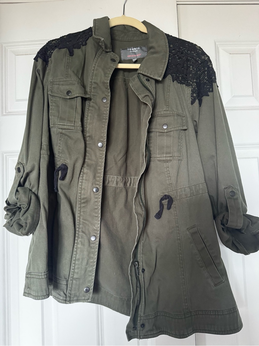 torrid Olive Green Utility Jacket with Black Lace Shoulders